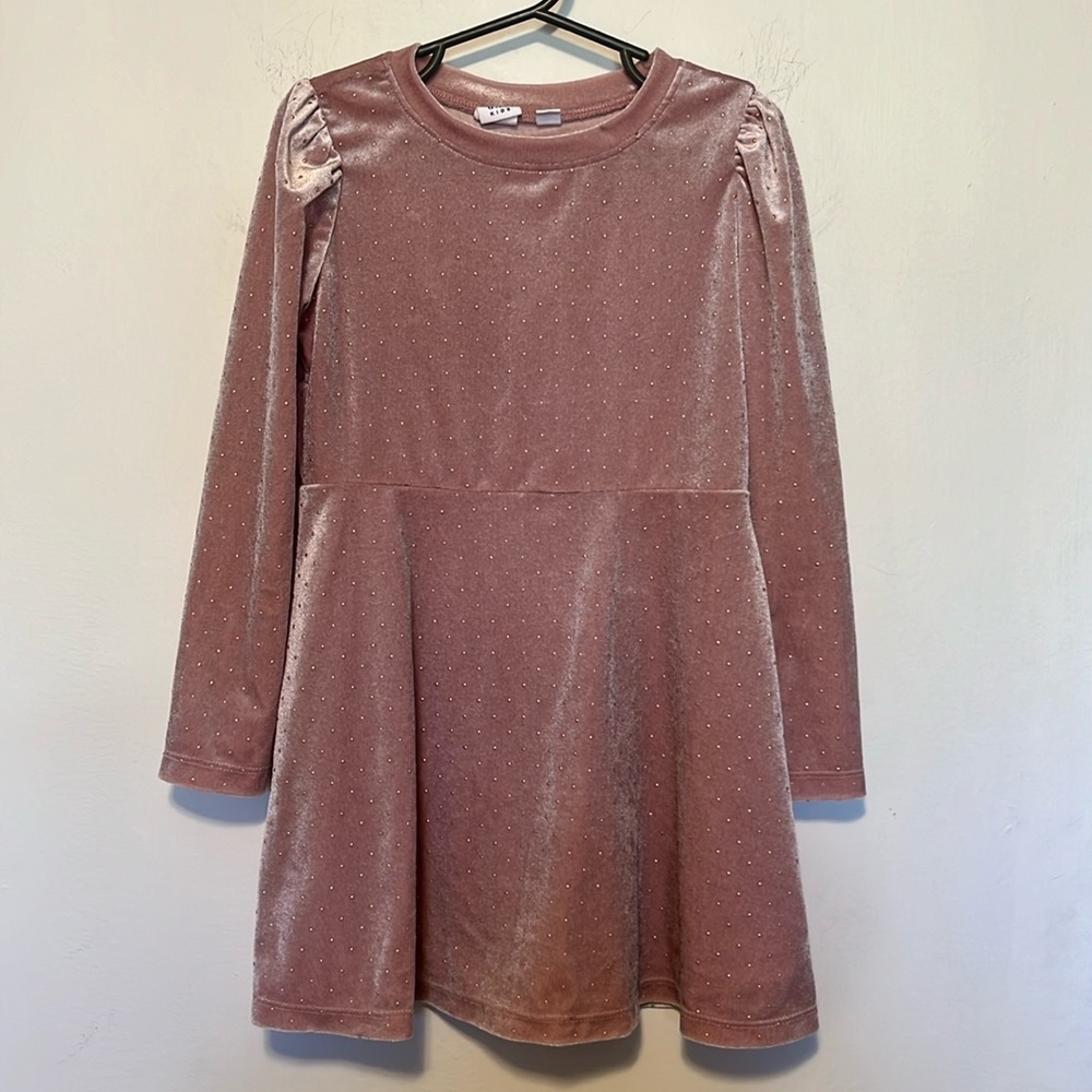 Gap Kids Pink Puff Sleeve Velvet Skater Dress with Gold Accents Size XS 4-5